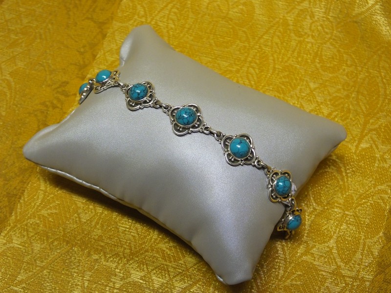 Bracelet Ancien Artisanal Argent Sterling Et Turquoises — Occasion Bon état